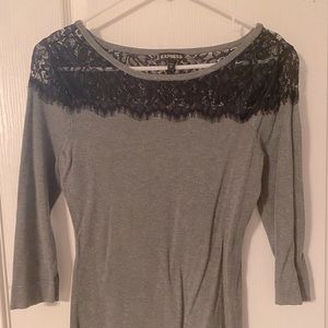 Express light weight gray fitted sweater top with lace detail